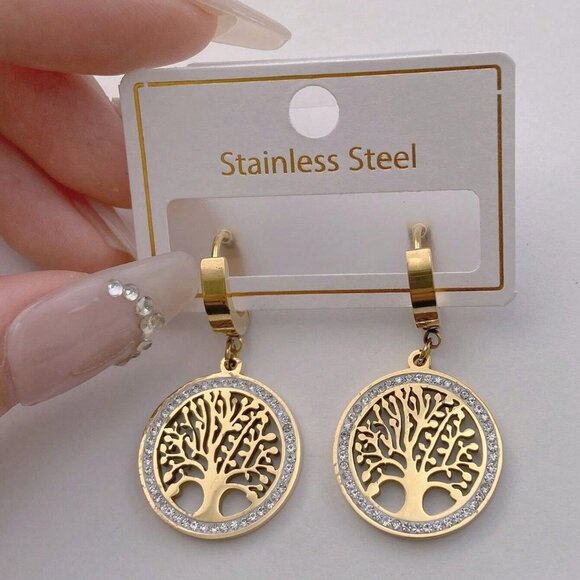 Dangle Earrings, Stainless Steel Rhinestone Tree Of Life Elegant Hanging Earring - Picture 4 of 4